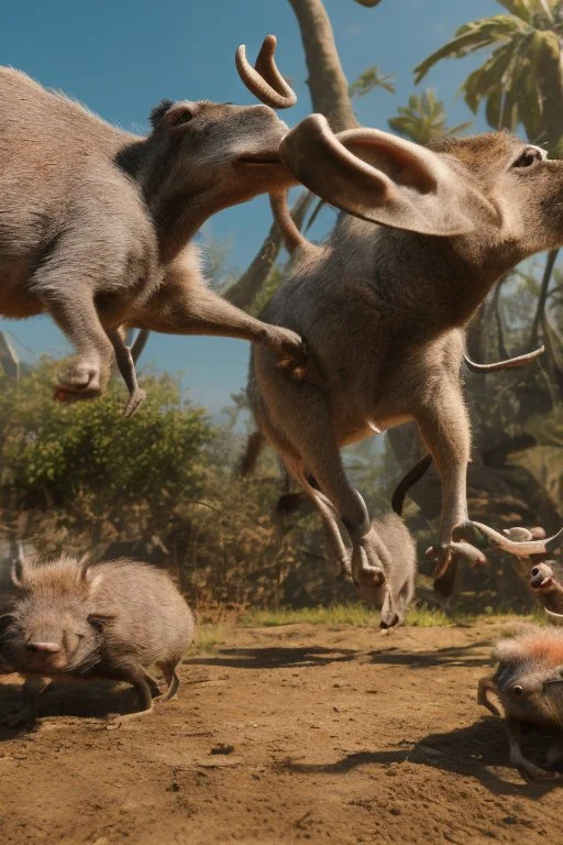 Close-up animation of a mischievous group of wild warthogs wearing sunglasses and attempting to breakdance in a comical fashion.