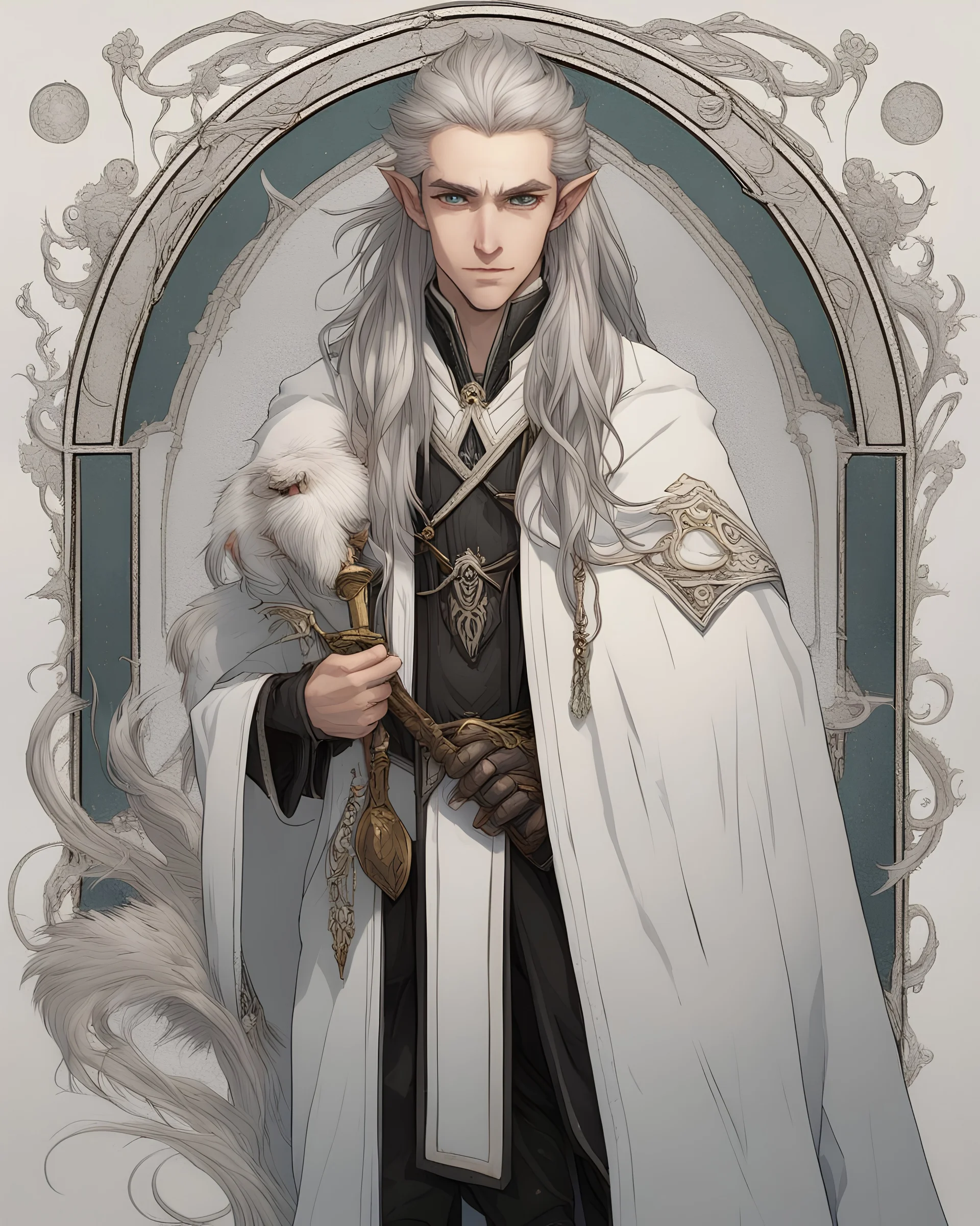 a young High Elf frost Wizard with long wiry hair, wearing a black trimmed white nobleman's robe and frost ornaments on clothes, with a small weasel on his shoulder
