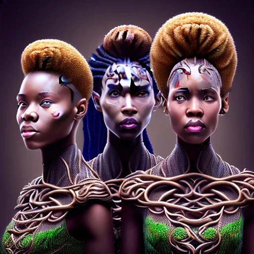 photo.three Brown skin women. Three dark skin women. Three black women. .three women. A mother. Two daughter. Twins. A mother with her children. three young black women. wood nymphs emerging from the forest. Her hair looks like vines. Dreadlocs. Her skin is the colour of dark soil. Her skin looks like tree bark. Her clothing is made of vines, grass and leaves. Elegant. Extremely detailed. Award winning photography. Fantasy. 8k. Cinematic lighting. Photorealistic. Dynamic lighting. Imperial color