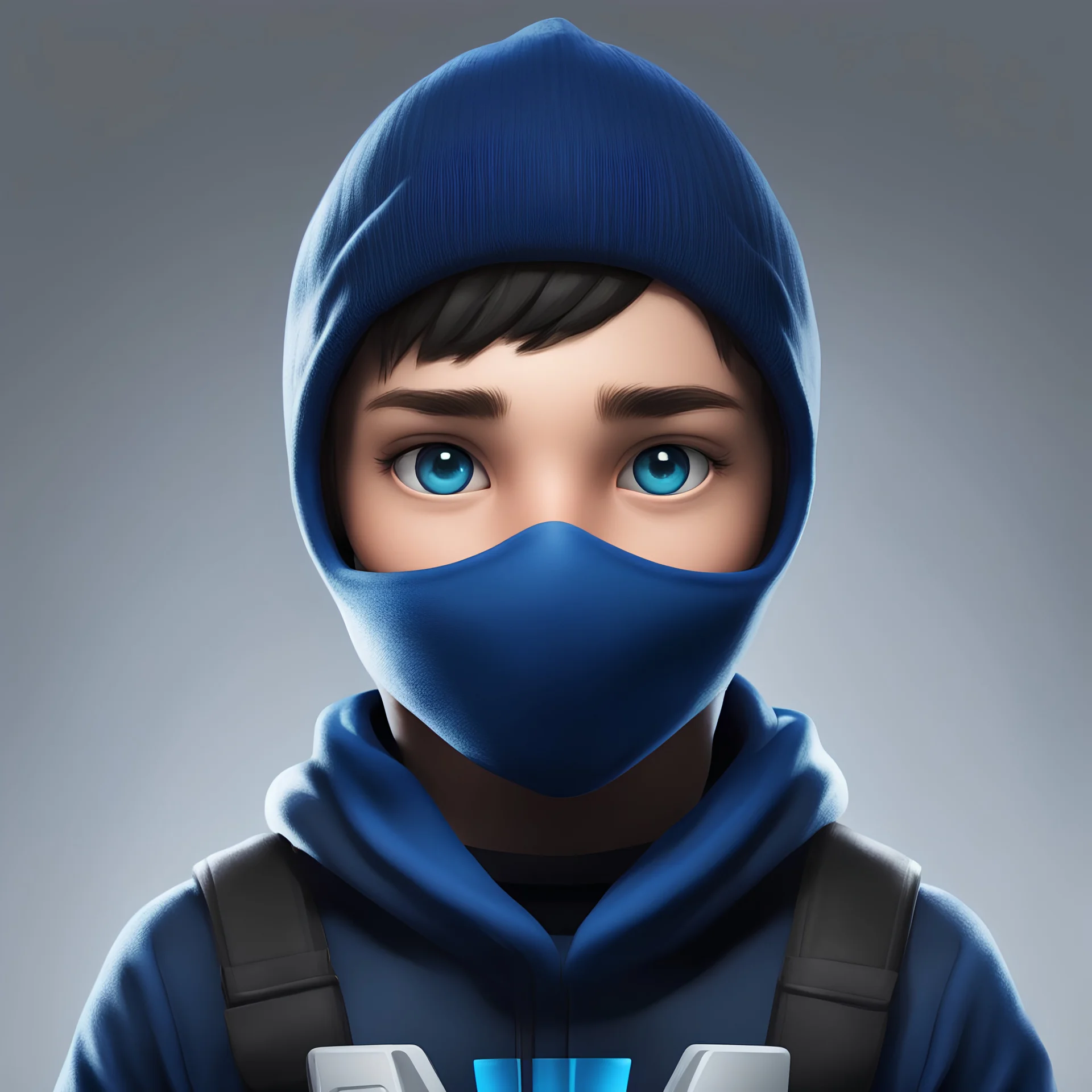 create an avatar of a young boy, he is a gamer and has blue and black clothes. He has a balaclava covering his mouth