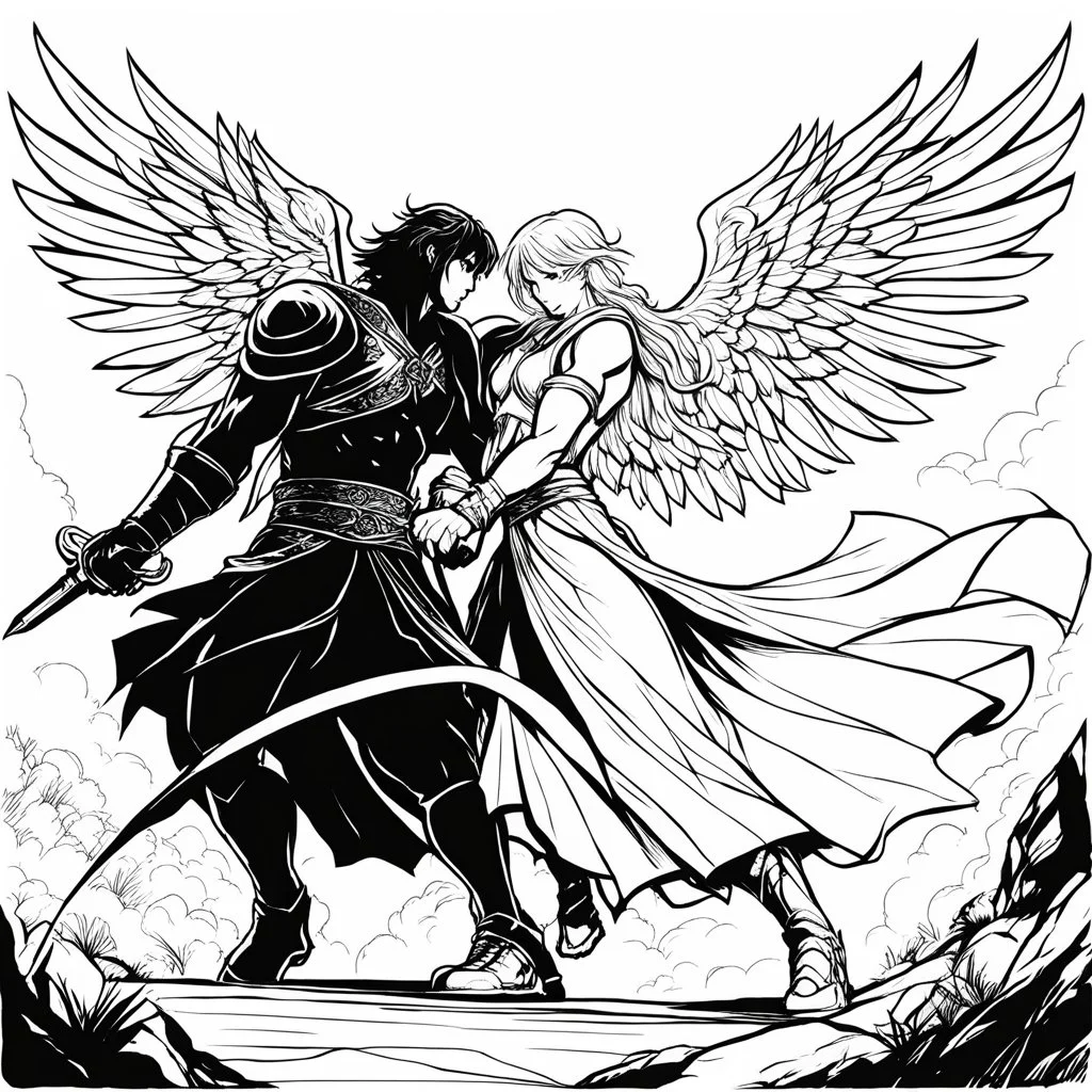 Jacob wrestling with angel. Record of Lodoss War style, Linework: Expressive, expressive black ink line art with variable stroke weights. Crisp contours define silhouettes while fine hatching adds subtle depth and form.