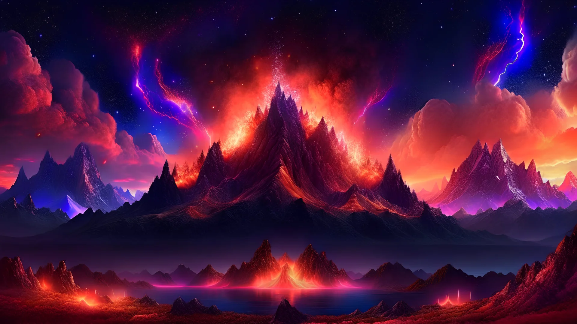 volcanic mountains, where you can see the fire and smell the smoke, galaxy, space, ethereal space, cosmos, water, panorama. Palace , Background: An otherworldly planet, bathed in the cold glow of distant stars. The landscape is desolate and dark, with jagged mountain peaks rising from the frozen ground. The sky is filled with swirling alien constellations, adding an air of mystery and intrigue. Old castle of london, detailed , enhanced, cinematic, 4k,by van gogh