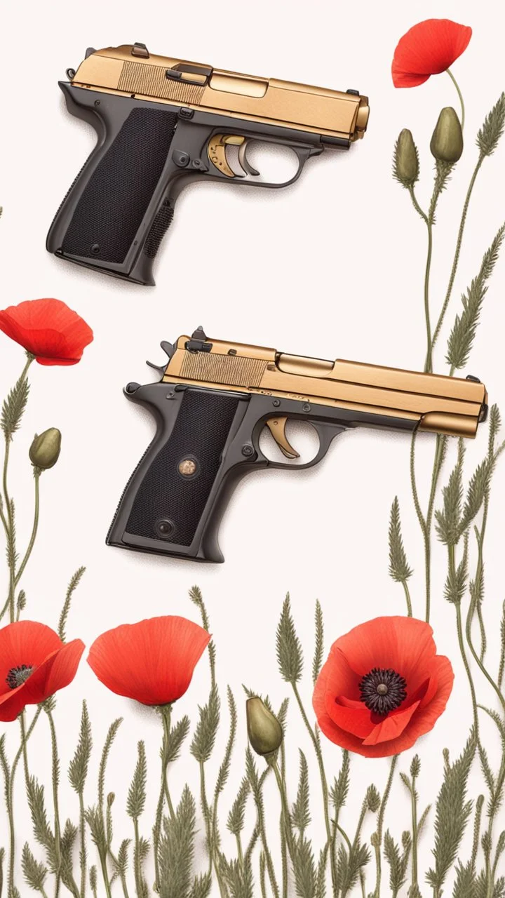 Two gold pistols and a red notebook on a white scarf. A field of red poppies. Close-up from above.cinematic.dark mood