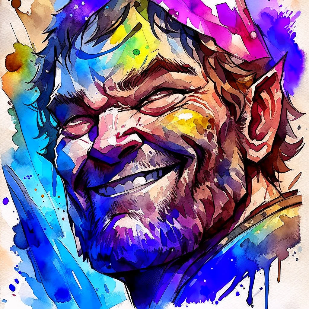 dnd, fantasy, watercolour, large strokes, stylistic, portrait, illustration, dull colours, male, face, sturdy wide face, weathered face, sly, violent, evil, smiling