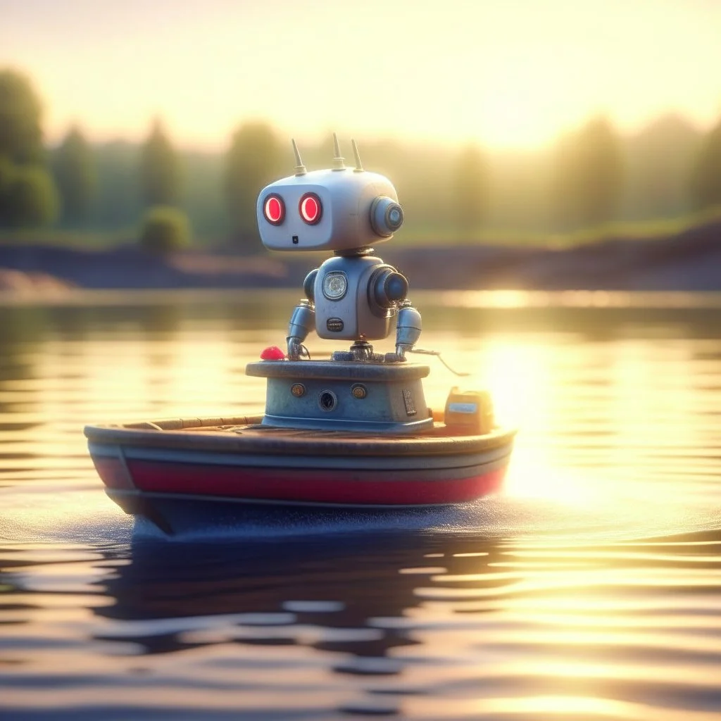 cute blessed chat robot catching a big fish on small steam boat in a big lake, 8k, downlight, soft light, depth of field, photorealism, trending on art station, lotsa detail