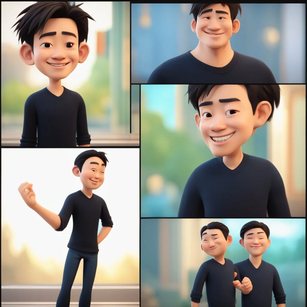 a portrait of smiling young adult man. taiwanese man. caricature. undercut hair. fair skin. oblong face shape. 3/4 view. black long sleeve shirt. pixar style. 3D. 4k. portrait. highly detailed. sharp focus. high resolution. full color. cinema lighting