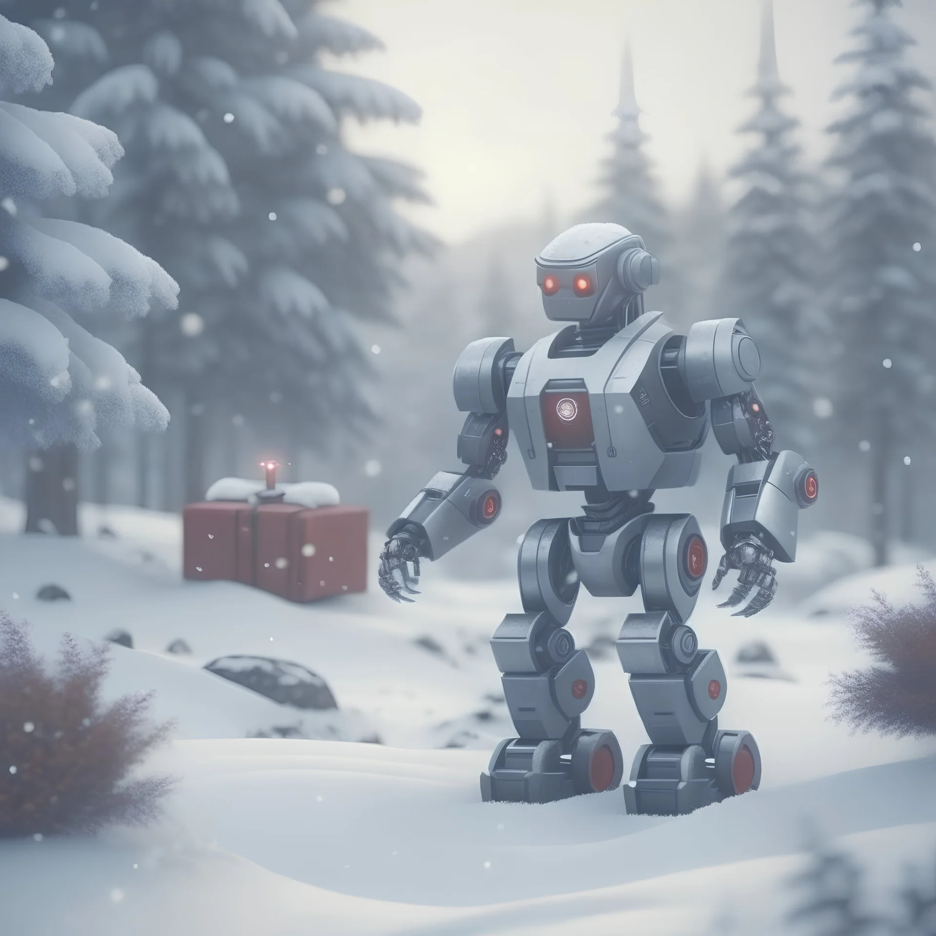 robot Santa Claus and presents in snowy misty forest, 8k, down-light, soft light, depth of field, photo realism, trending on art station, high detail