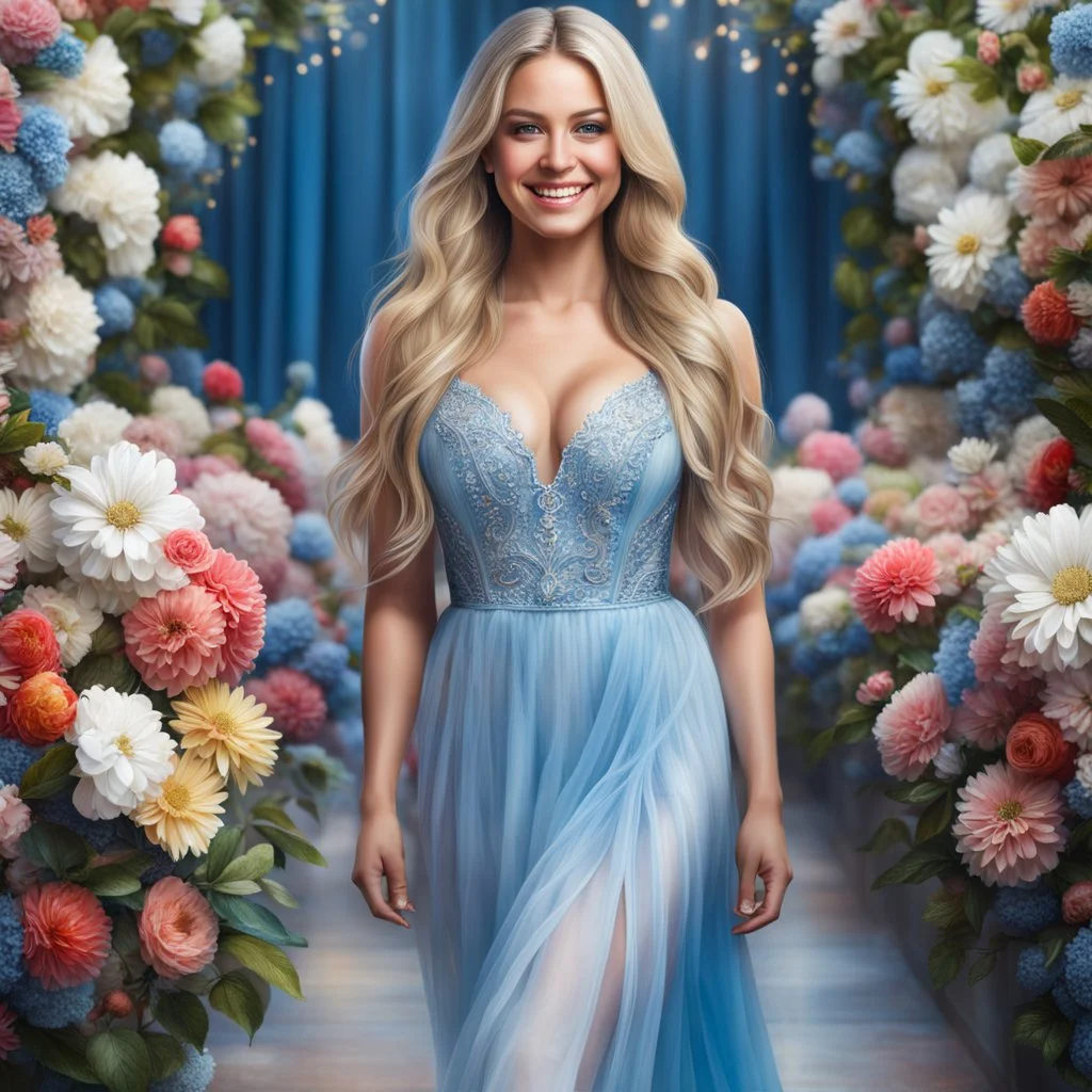 (best quality, 4k, 8k, highres, masterpiece:1.2), ultra-detailed, (realistic, photorealistic, photo-realistic:1.37),hyper realistic, full body gorgeous smiling 1woman,long hair,looking at viewer,realistic proportions,blue eyes,hair ornament,dress,very long hair,flower,blonde hair,parted lips,necklace,white dress,blonde hair,lips,blurry background,freckles,realistic,head wreath, pink flower,realistic portrait