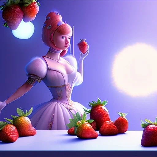 pixar style, realistic painting of a women in dress and a jar jam in kitchen,volumetric blue sky environment and flying strawberries in the background, volumetric lighting,dramatic lighting, detailed digital painting, extreme dense and fine fur, anime, ornate, colour-washed colors, elegant, small minutiae, tiny features, particulars, centered, smooth, sharp focus, renderman gofur render, 8k, uhd, detailed eyes, realistic shaded volumetric lighting,caustics,backlight