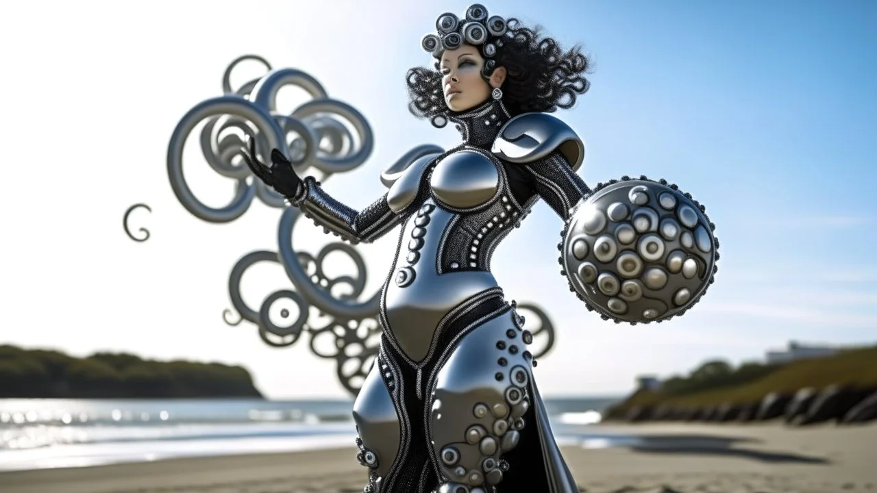 Wide-angle shot of a woman, standing to one side, with dark hair in a silver robotic catsuit, standing on a beach, flying mushrooms with octopus tentacles floating above her