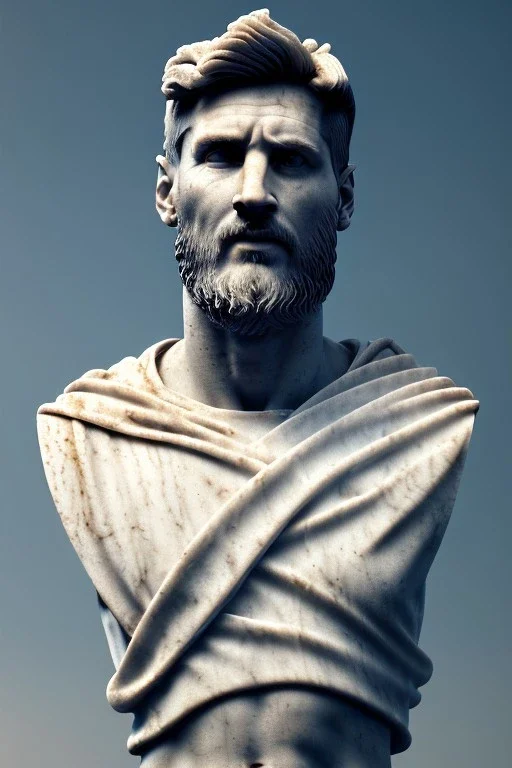 Ultra Realistic image, Roman sculpture, white marble material, Lionel Messi, gold sun radial crown, chisel style, waist up portrait, epic, celestial, cinematic lighting, God light, god rays, 4k resolution, smooth details, ornate details, soft lighting, unreal engine 5, marble background.