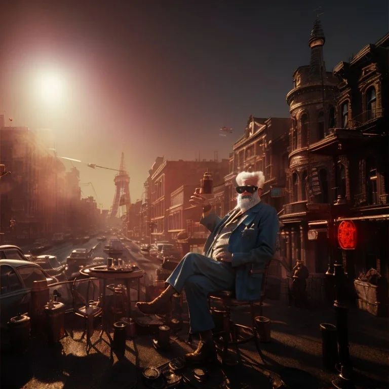 Realistic photo, American shot view, old man, cabaret scene, steampunk. Sunglasses, smoking, happy, hot. Many people background, highly detailed, concept art, unreal engine 5, god rays, ray tracing, RTX, lumen lighting, ultra detail, volumetric lighting, 3d, finely drawn, high definition, high resolution.