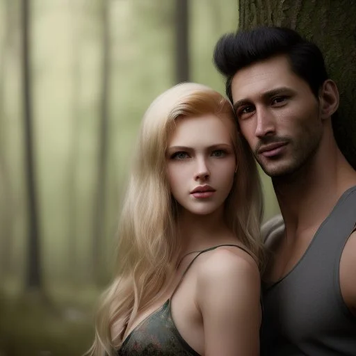 A photo realistic portrait of a stunning blonde girl and a handsome muscular dark haired man in a lovers embrace standing in a forrest