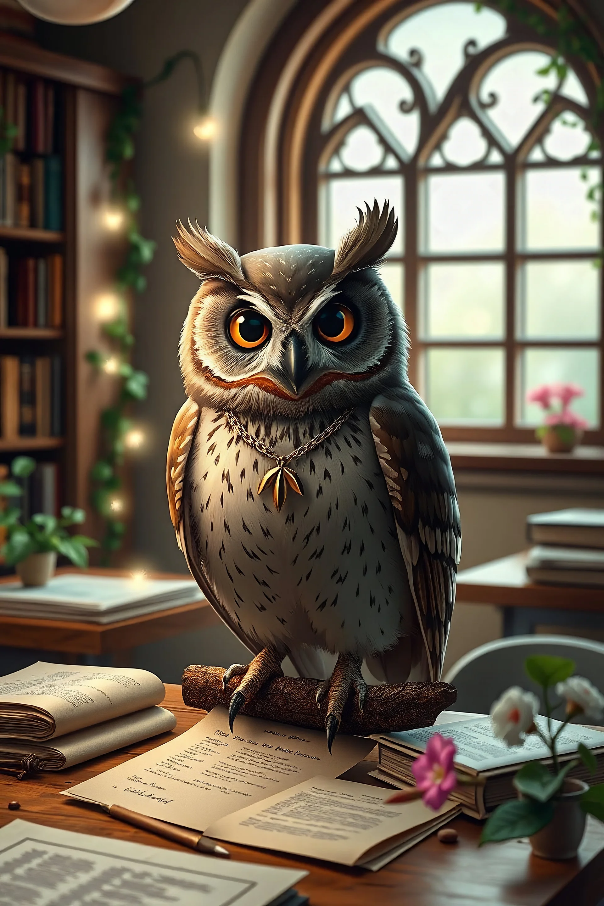 tiny owl, library, magic, jewellery, necklace, study, arrows, quiver, floating magic lights, wooden perch, quill, paper, scrolls, vines, happy, window, flowers, dark face, x pattern on face, stack of paper, zoomed out, table, classroom, smooth head, no plume, rounded scalp