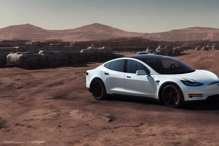 A Tesla 'Model S' is drifting at high speeds, in Mos Eisley on the planet Tatooine. (CINEMATIC, WIDE ANGLE LENS, PHOTO REAL)