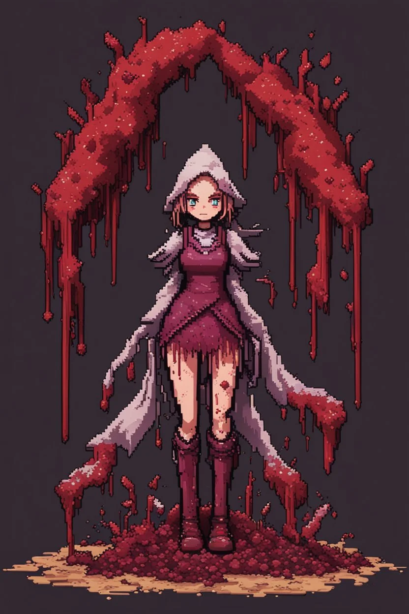 Girl wizard, fullbody, behind blood guts rising from the ground, 8bits, pixel art,