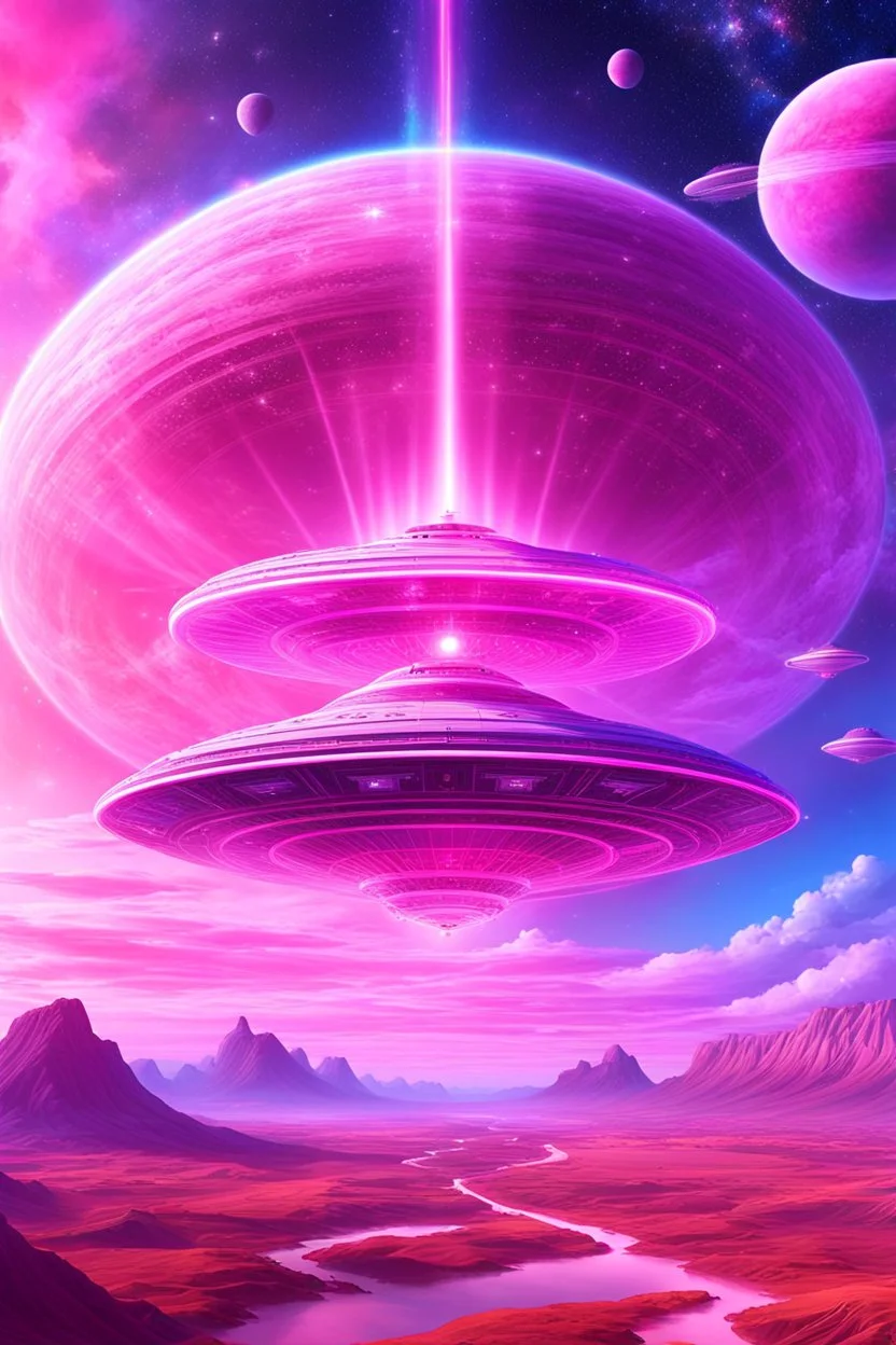 vaisseau interdimensionnel de couleur rose, grands rayonnements, dans un cosmos rose et jeu très étoilé d'or, 8K,ufo rainbow