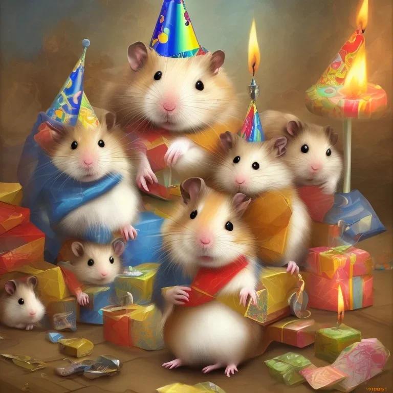 hamster and present with a card happy birthday written on it