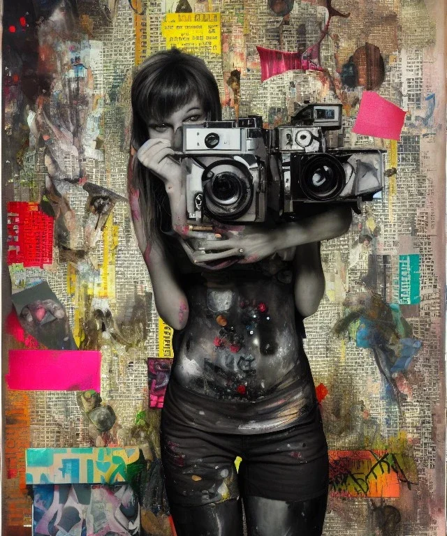 happy beautiful girl holding big proffesional camera in studio. street art, oil on canvas, spray paint, collage, letters, newspapeers, Dave McKean, Vladimir Fedotko, Saturno Butto, Vaughn Bodé, Frank Wu, James C. Christensen, collage, dirty, paint dripping, radiant