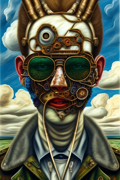 an abstract painting of clouds, by lucian freud and klimpt, rust, scaffolding, iron cladding, decay, mixed media, textured, anatomically correct, beautiful perfect face, green eyes, aviator sunglasses, sharp focus, highly detailed. desolate background. the royal tenenbaums