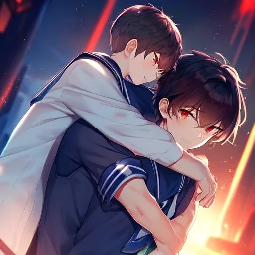 Clear Focus, High resolution, glowing red eyes, hugging a boy, wearing a sailor uniform,