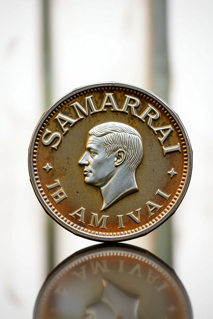 view of the word, Samarrrai , on a coin ,with picture of , man head in the middle of the coin