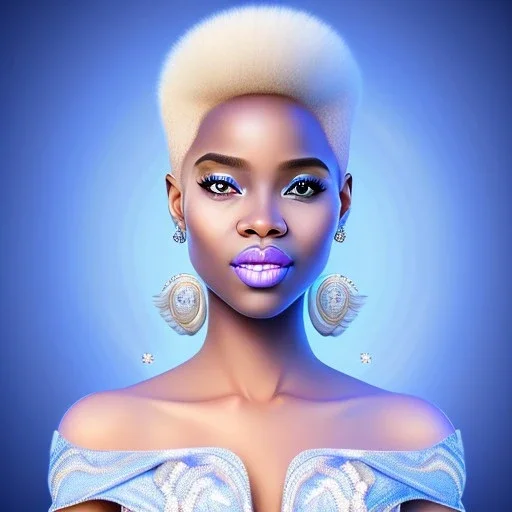 portrait of a beautiful african woman with an angel face smiling,long blond hair, blue eyes, pink and blue dress, jewels, soft light aura