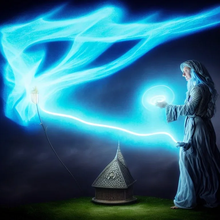 Cleric casting a magic spell, shingled rooftop view, projecting a light blue hologram in the form of a shield, dark storm approaching, 8k resolution, high-quality, fine-detail, iridescent, intricate, detailed matte, volumetric lighting, illustration, brian froud, howard lyon, selina french, anna dittmann, annie stokes, lisa parker, greg rutowski, simon stalenhag