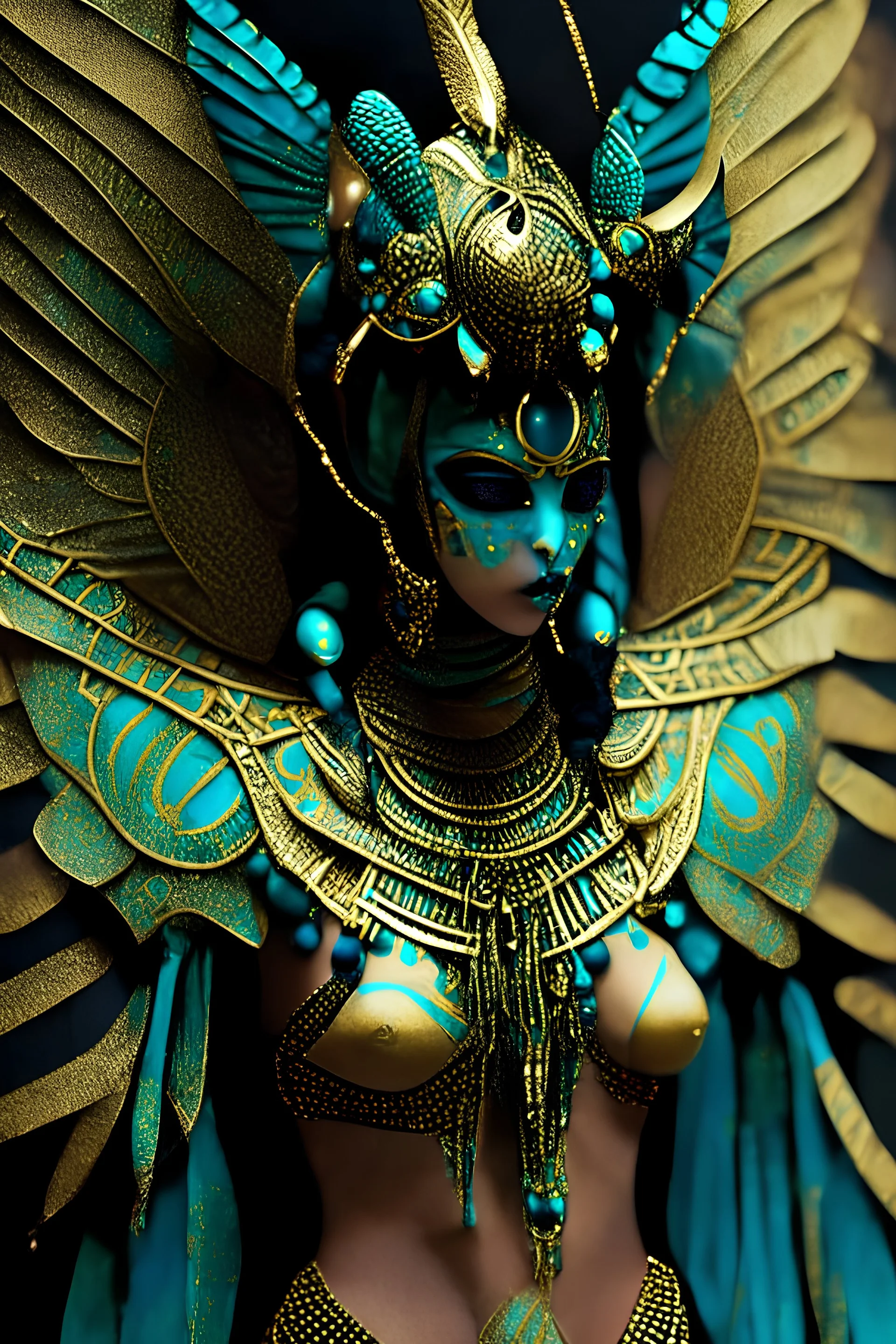 Extremely beautiful ancient voidcore shamanism Egyiptian Scarabeus insect woman adorned with ancient egyiptian Scarabeus wings ribbed with turquoise and gold colour gradient mineral stone beads, wings are metallic voidcore shamanism style lace chain effected extremely textured delicate details. Wearing ancient voidcore shamanism gold and turquoise colour ancient Egyiptian costume embossed hierogliphs texts on the costume armour organic bio spinal ribbed detail of Egyiptian woman portrait