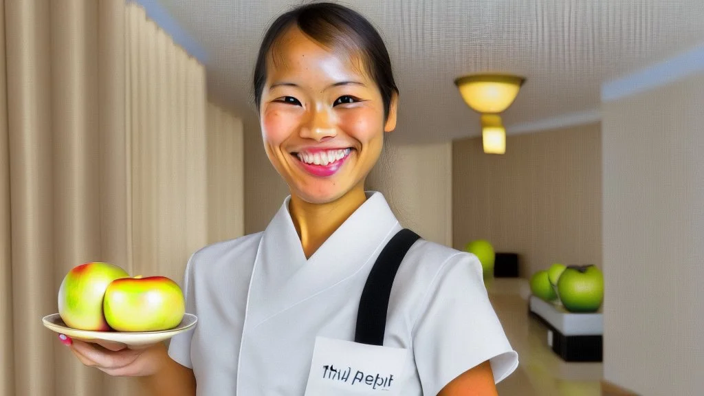 hotel housekeeping smiling holding small apple airbuds