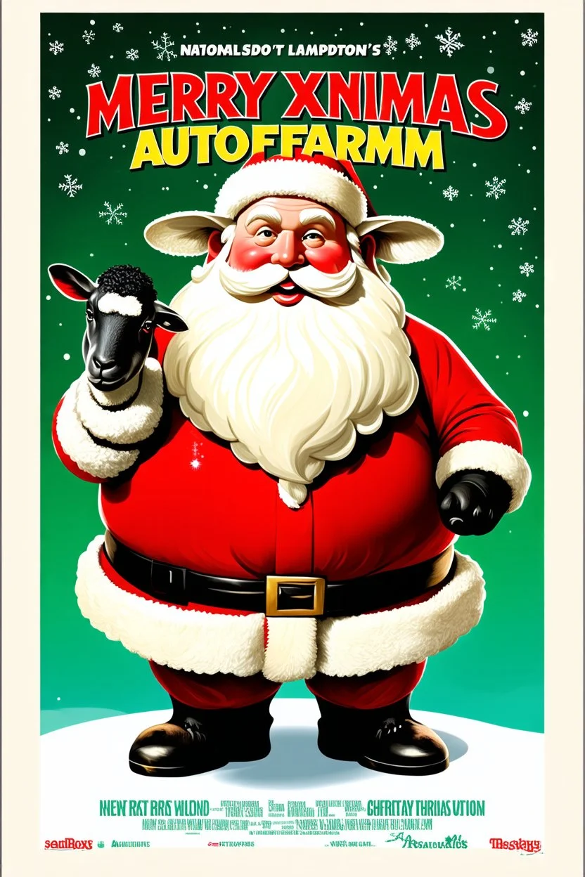 Create a 1990s-style movie poster featuring a jolly, portly Santa Claus merged with a fluffy, endearing sheep. The poster should capture the festive and comedic spirit of 'National Lampoon's Christmas Vacation.' Include the title 'Merry Xmas Autofarm' prominently, with a nostalgic and humorous holiday vibe. Use bright, cheerful colors and playful elements to make the poster stand out.