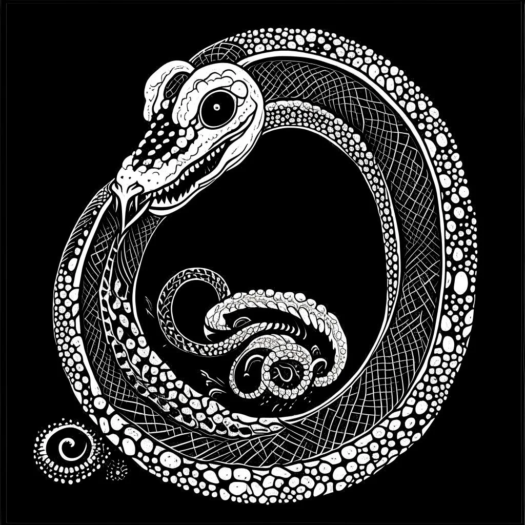 creeping nihilism, segmented illustrative sectioning, anthropomorphic shambling feathery snake creature with a featureless black round head with a white spiral pattern