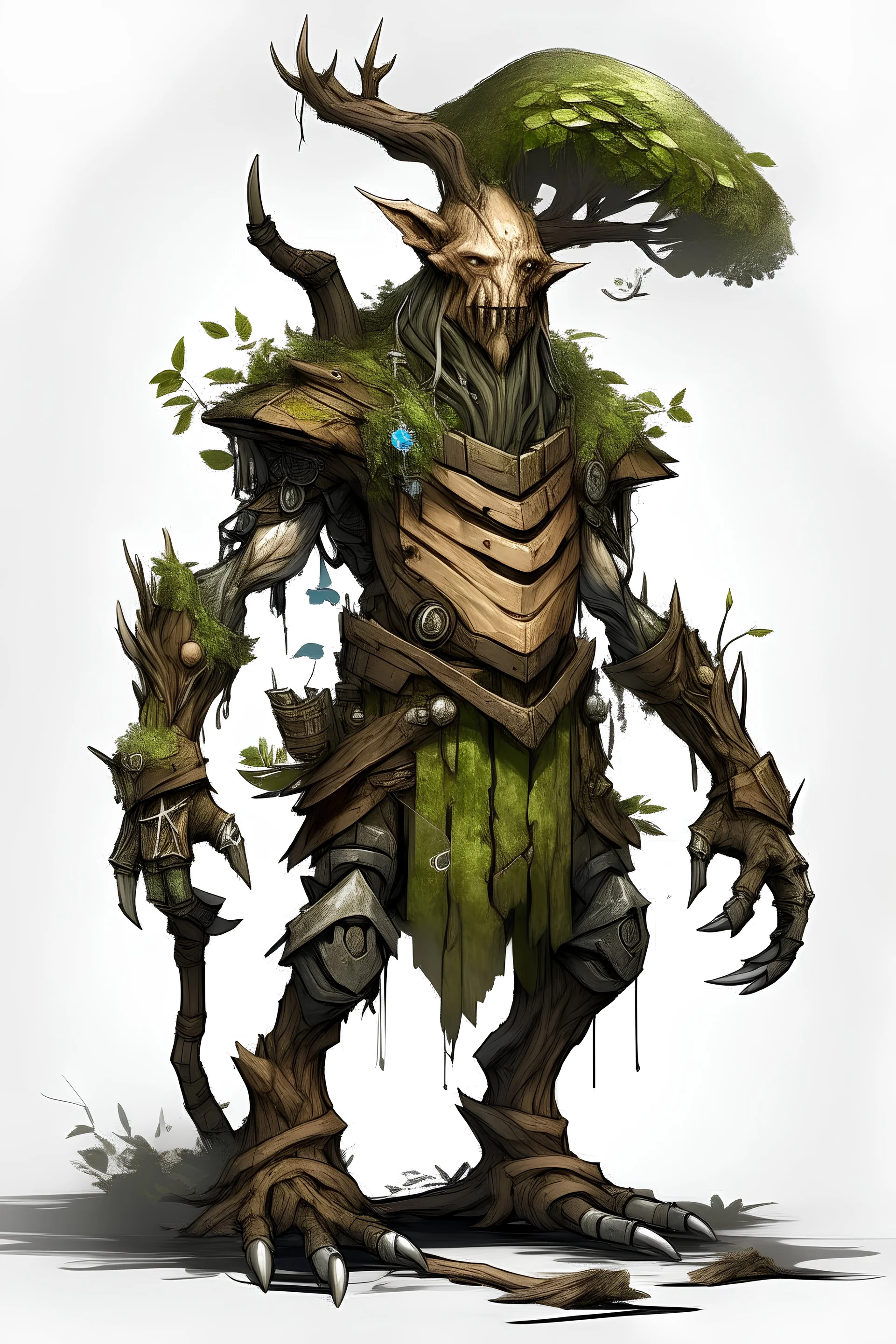 treant scavenger, full body, post-apocalyptic, concept art, blank background