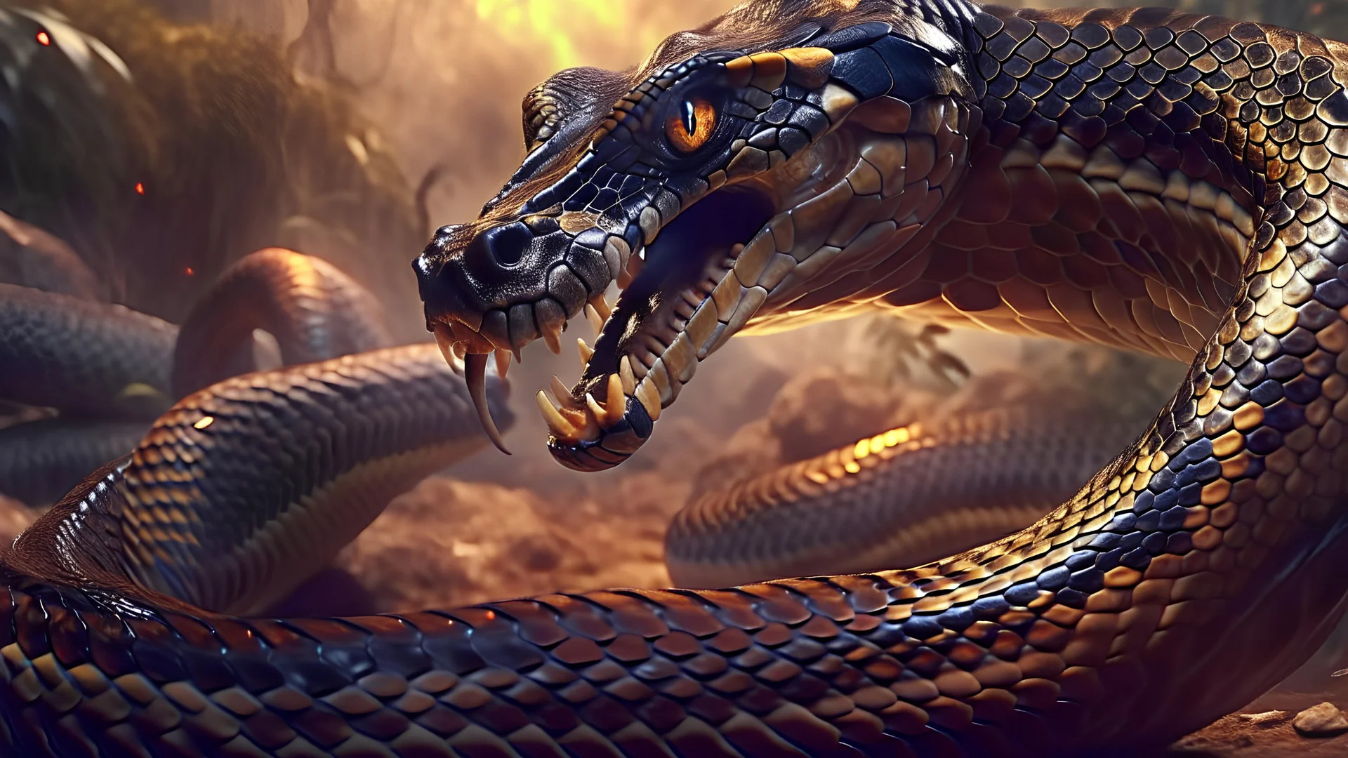 huge angry king cobra confronting fierce dragon, intricately detailed faces, professional photography, a breathtaking background, natural environment, cinematic side light, medium shot on DSLR 64 megapixels sharp focus, canon lens, realistic, concept art, 16k resolution