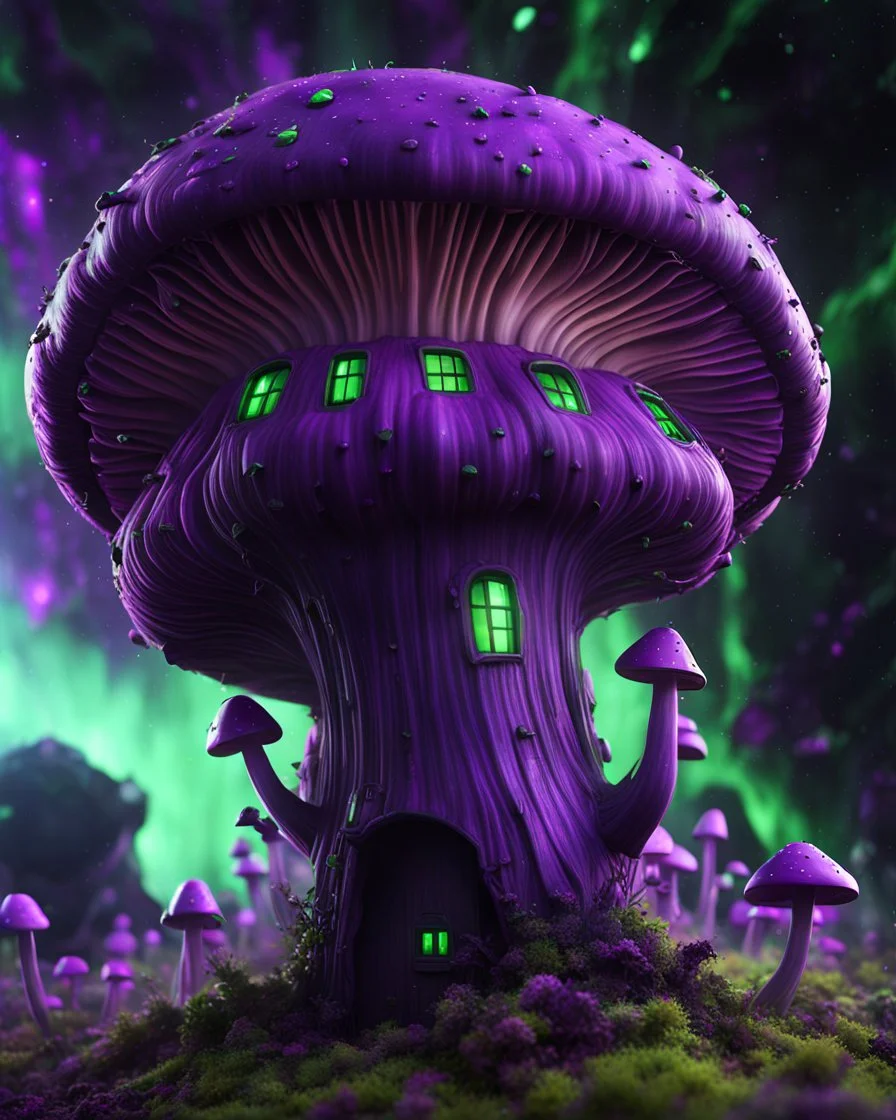 A weird floating mushroom house in galactic space. black purple green and white, Dark cosmic interstellar. Detailed Matte Painting, deep color, fantastical, intricate detail, splash screen, hyperdetailed, insane depth, concept art, 8k resolution, trending on Artstation, Unreal Engine 5, color depth, backlit, splash art, dramatic, High Quality Whimsical Fun Imaginative unusual, good composition