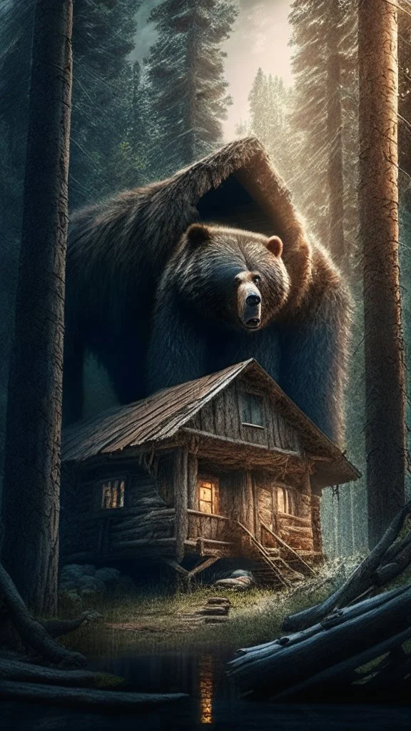 Cabin in the woods, bear, movie scene, more accurate picture hdr