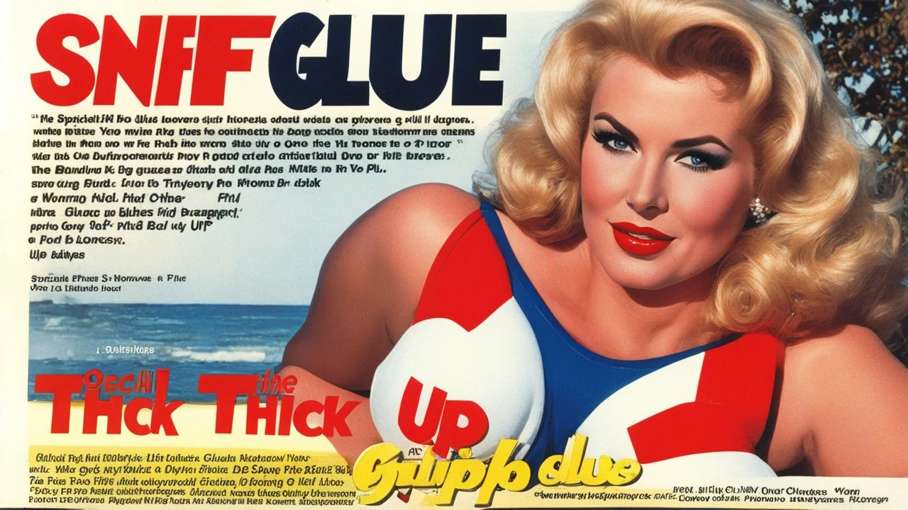 SNIFFIN’ GLUE magazine high res photo cover by Russ Meyer: special issue #42 on the business of pull-up thick diapers, seen from bellow, guest star: blonde Sally knows that there were incontinent women like herself with large busts out on the beach and she is missing adult ultra thick pull-up diapers with the matching bras. Her concept is to pair diaper designs with bra designs, specifically themed for surfing.
