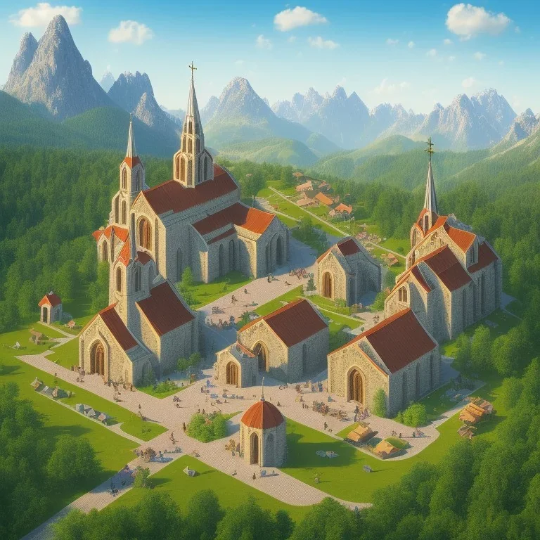 isometric architecture illustration of a village in the mountains with a church in the middle and mountains around