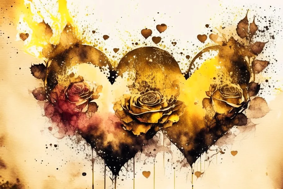 double exposure, merged layers, roses with dynamically blazing fire in ochre, ink splatter art, watercolor and ink, golden glitters, double exposure heart and love