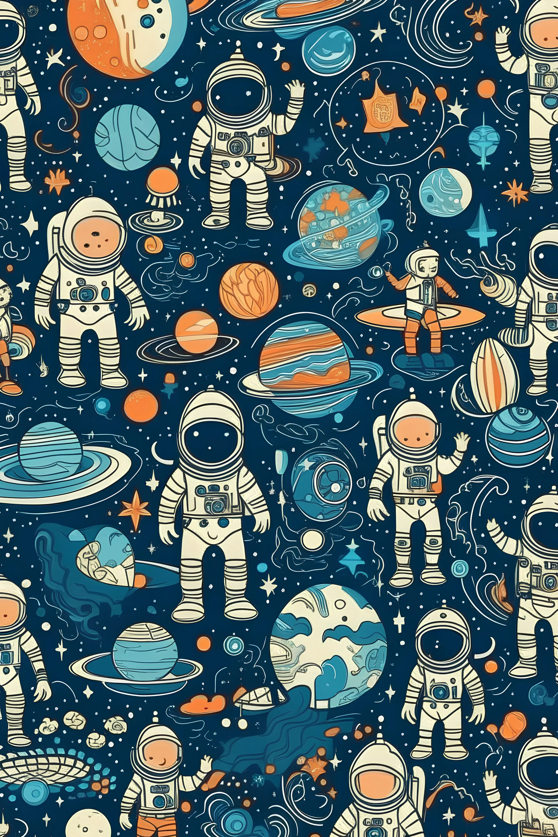 create a pattern inspired by space exploration, featuring astronauts, celestial bodies, and cosmic landscapes, appealing to space dreamers.