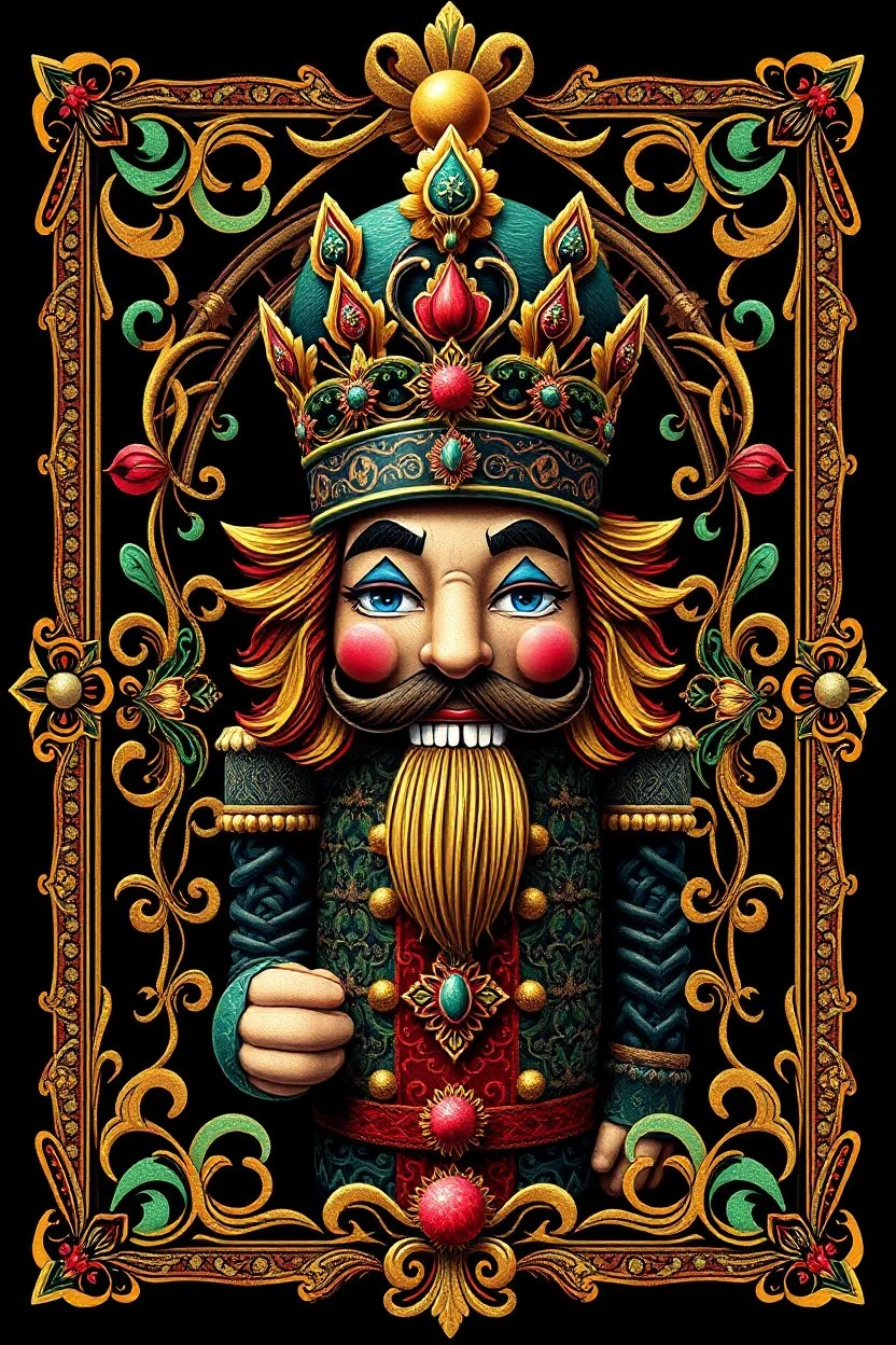 Centered, Ornate, Collectable Trading Card of lisa frank pattern fantasy character portrait of Crisp Digital Art, holiday nutcracker by Aleksi Briclot, T-Shirt Design, Black Background, Detailed Frame, Border, in SNES arcade game, ultra realistic, wide angle, intricate details, retro Nintendo bitmap pixel art, highly detailed by peter mohrbacher, wayne barlowe, , hajime sorayama aaron horkey, gaston bussiere, craig mullins