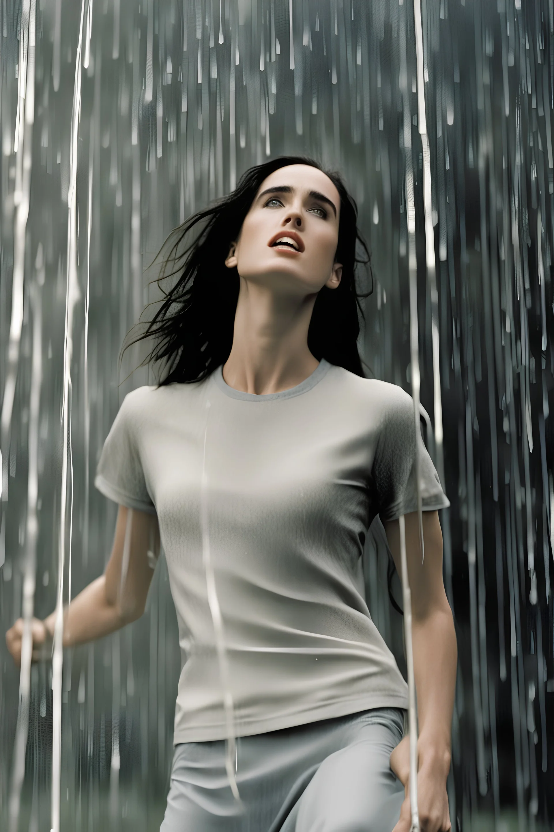 Beautiful 25 year-old Jennifer Connelly is standing outside in a rain shower with no rain-coat, umbrella, or hat on, with her head tilted up to the sky, her tongue sticking out and catching raindrops, as if reliving a childhood memory.