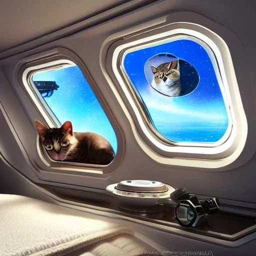 hyper-realistic spaceship interior with a cat looking at a floating astronaut, milkyway view through porthole behind them, 8k resolution, high-quality, fine-detail, detailed matte, intricate, 3D octane render, illustration, digital art, brian froud, howard lyon, anna dittman, greg rutowski,