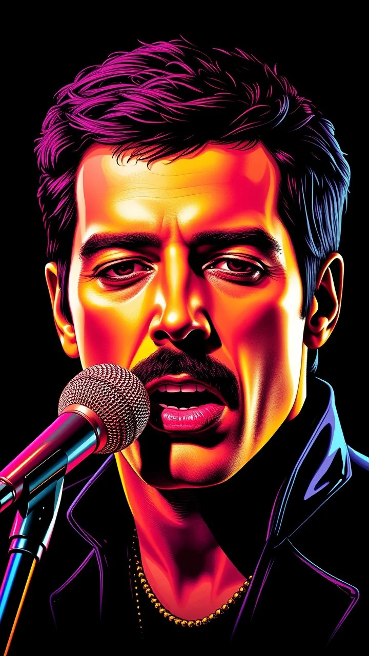 WPAP Pop art style Freddie Mercury outside emboss 3d shiny cubis mirrors glass minimalist Neo Surrealisme Unique surrealistic artwork brutal multicolor neon colors,find details,UHD neons,black background