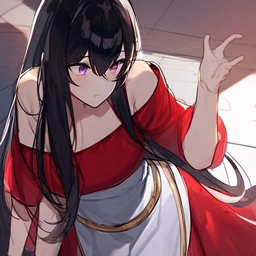 Clear focus, High resolution, rough line sketch, long fluffy black hair, purple eyes, off shoulder shirt, wearing a white skirt, red shirt with gold on the top