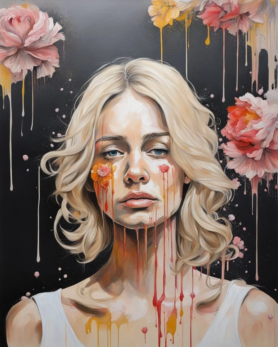 portrait, acrylic, fine drawing, blonde, woman, flowers, paint drips