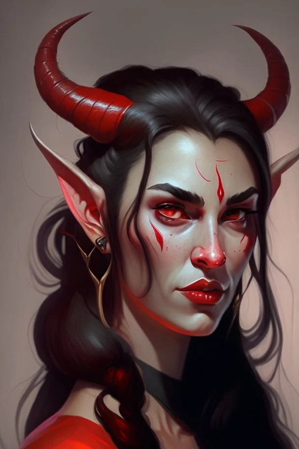 Portrait of a young and beautiful female Tiefling bard with bright red skin, two horns emerging from her forehead and long black hair with sidebangs and a ponytail.