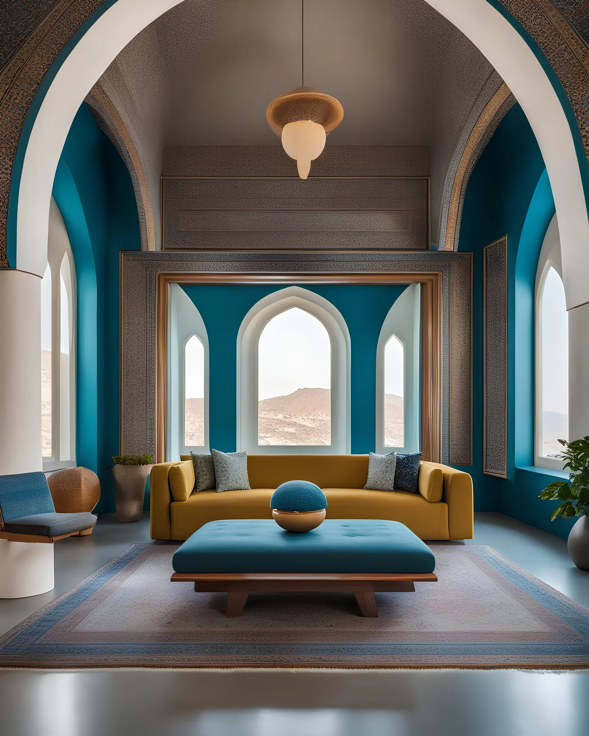 a modern minimalist villa with arc windows and kashan islamic pattern details,furnished , persian carpet , colorful , inspired by santorini