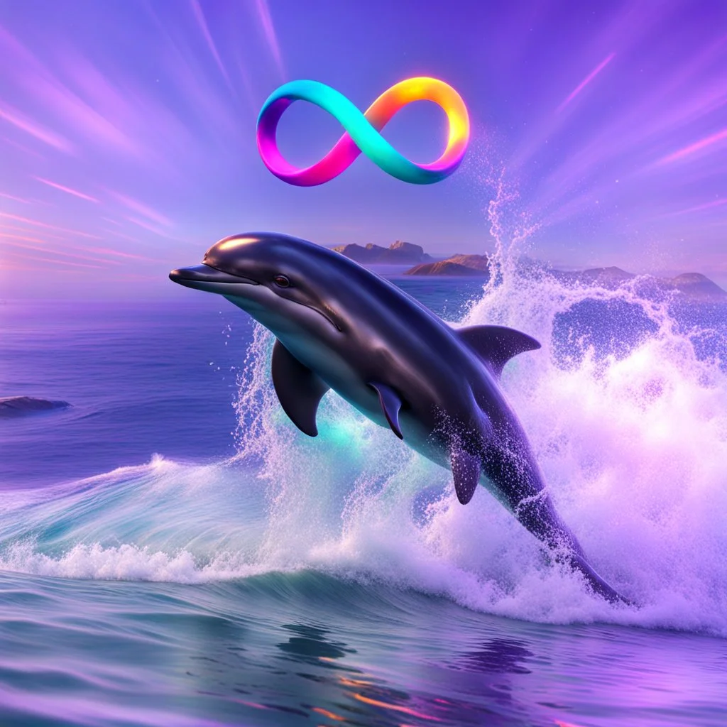 infinity symbol ∞ with vibrant powerful dolphin jumping out of the sea, striking, neon, chiaroscuro, dramatic, captivating, powerful, fantasy, beautiful, octane render, 16k post-production, artstation: award-winning: atmospheric: commanding: fantastical: clarity: ultra quality: striking: brilliance: stunning colors: amazing depth; lens: f/11, 35mm