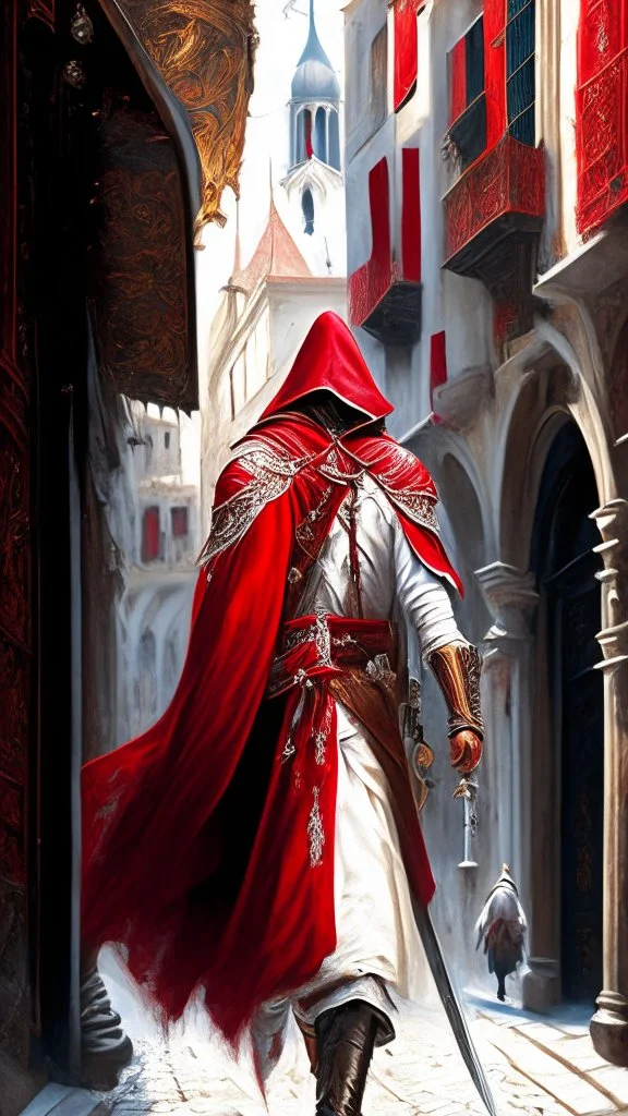 Assassin creed con dagas y espadas detalles en los pantalones en el pecho y en las botas caminando por Venezia capa pintura al óleo estilo renacentista hiperdetallado detalles intrincados obra de arte blanco rojo 8k